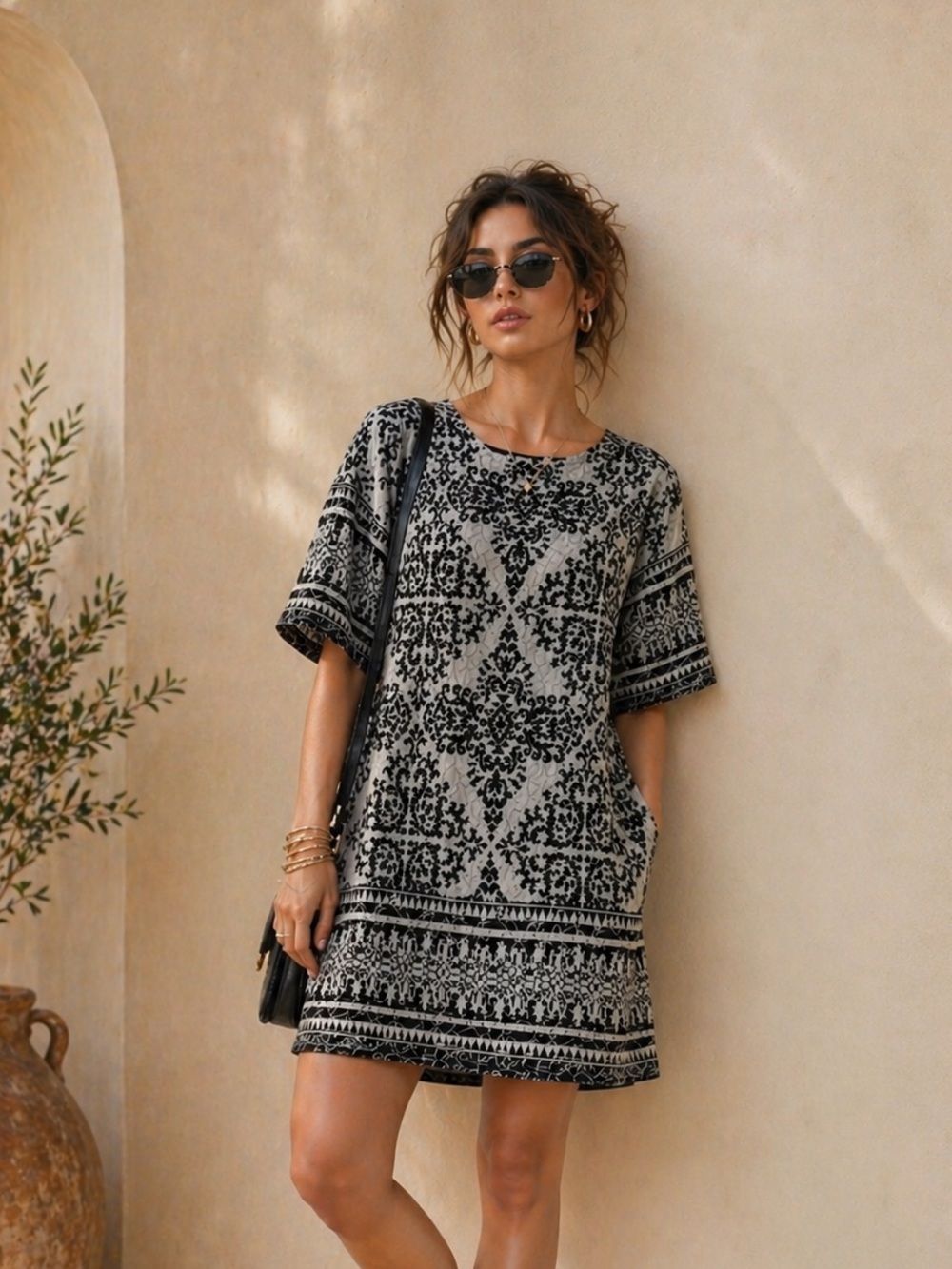 Black Grey Dress M Size Vintage Damask - Picture 2 of 2
